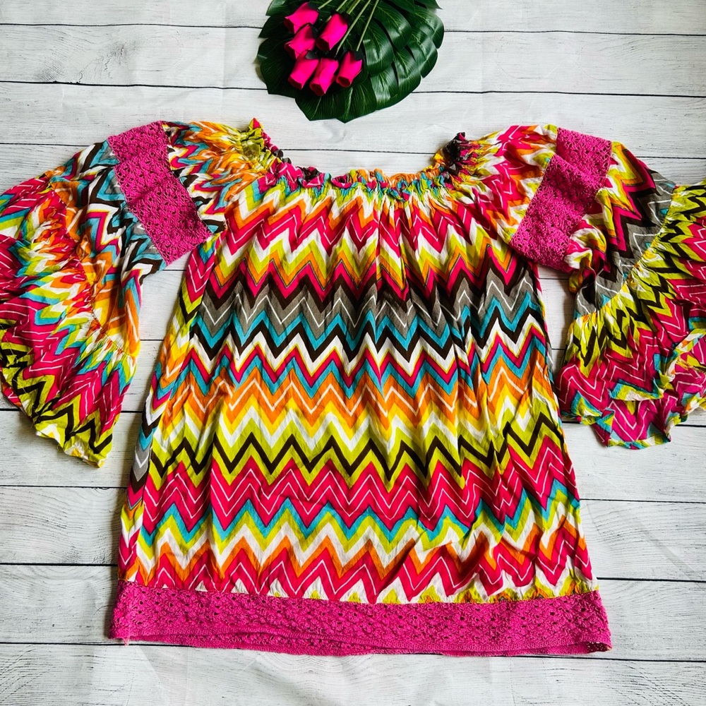McBeth Collection Women’s Colorful Off Shoulder Chevron Bell Sleeve Top